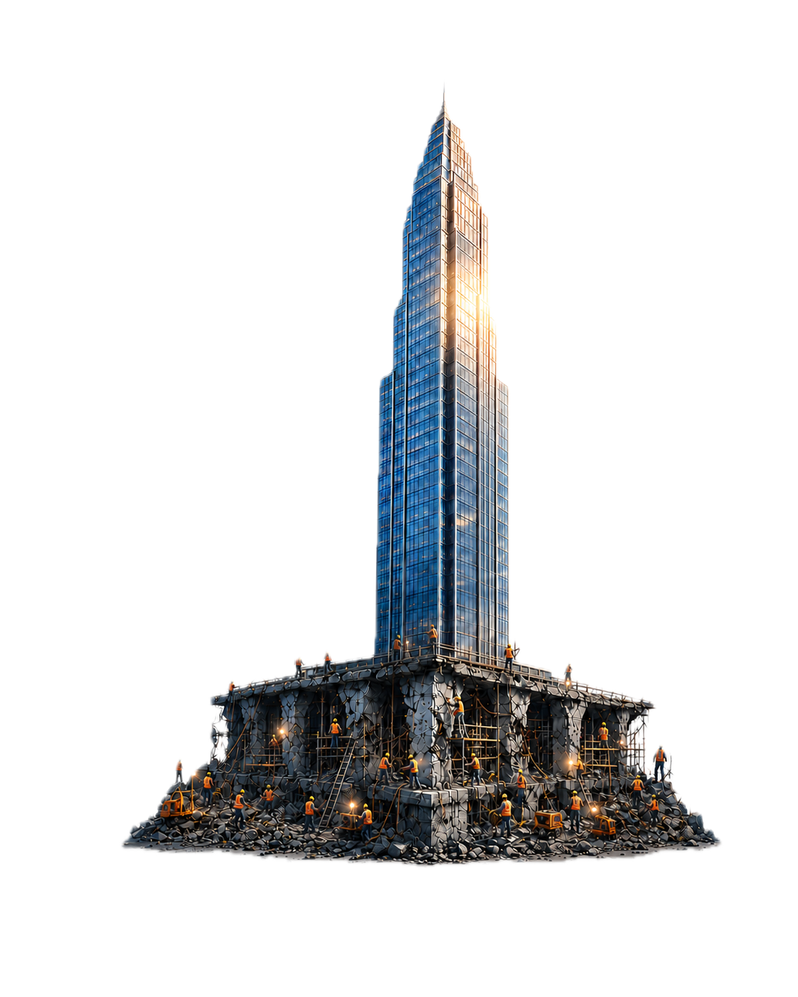Illustration of a skyscraper rising from a deep stone foundation, with workers reinforcing the base.